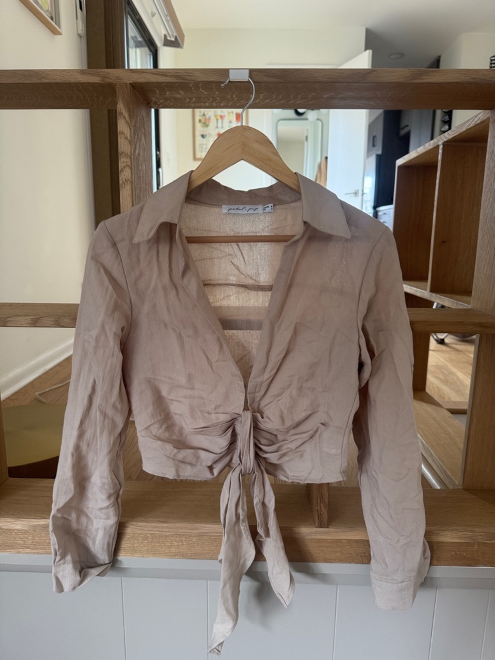 Petal & Pup Beige Tie-Front Collared Crop Shirt